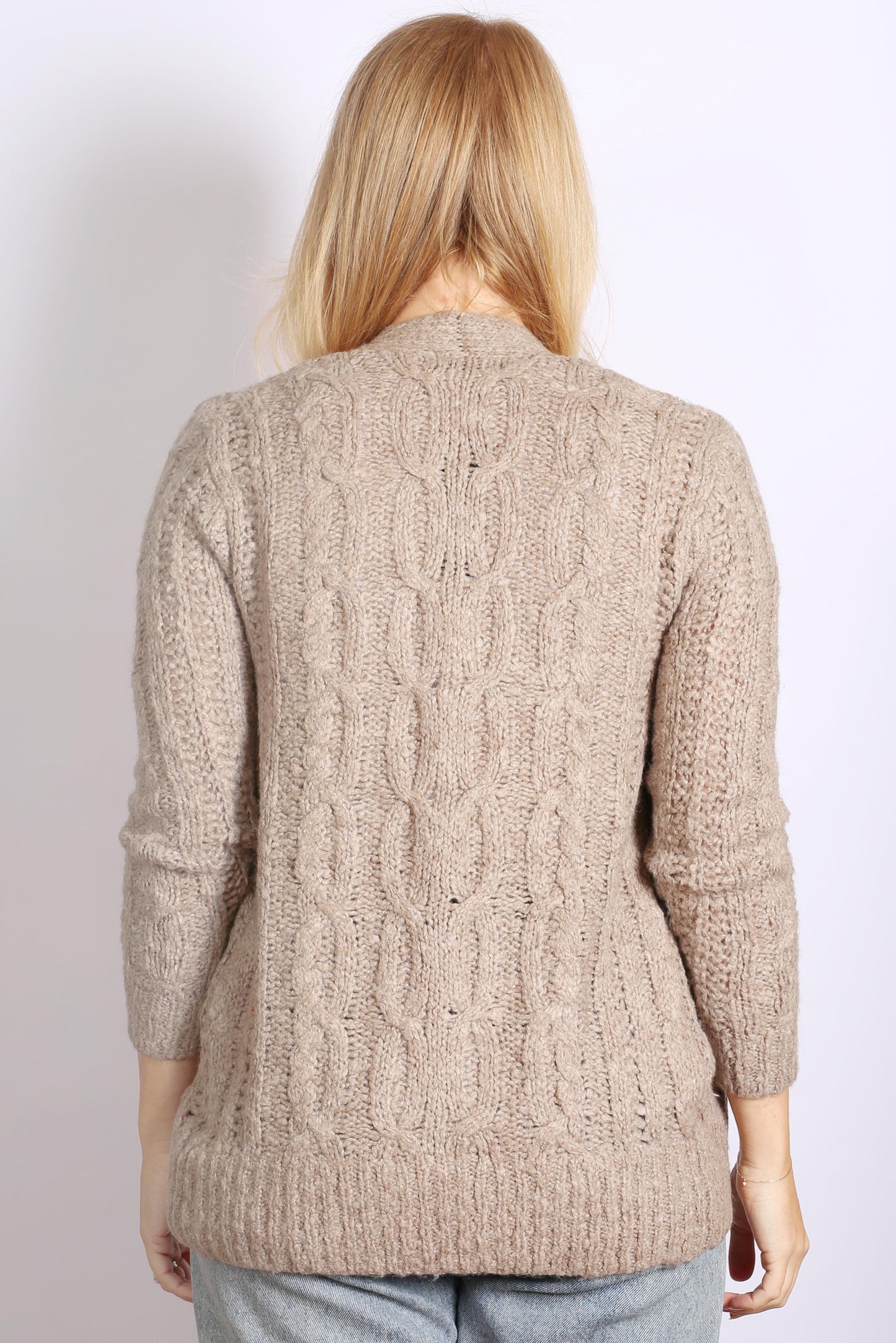Women's Camel Cable Knit Open Front Cardigan – Cozy and Stylish Knit Sweater