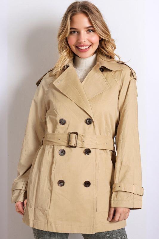 Women’s Short Tan Trench Jacket – Double Breasted