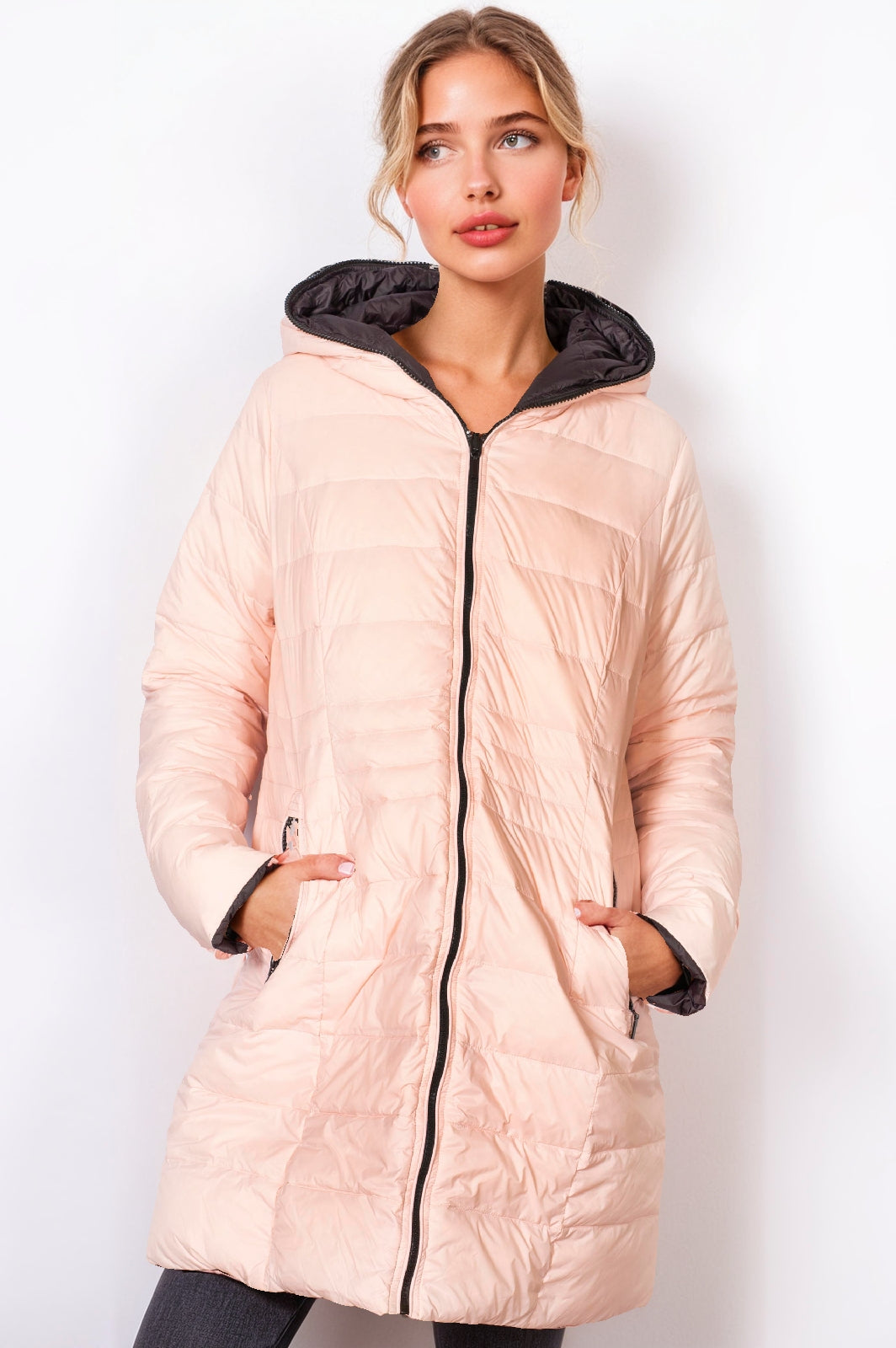 Women's Reversible 3/4 Length Down Jacket – Soft Pink & Black