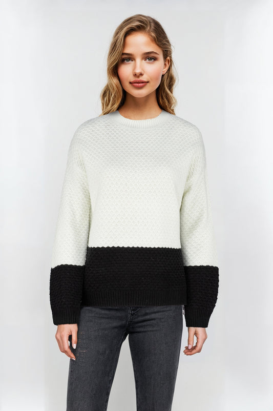 Women's Two-Tone Crew Neck Jumper – Off-White & Black