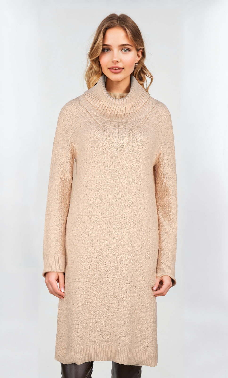 Women's Camel Cowl Neck Cable Knit Tunic – Cozy & Chic
