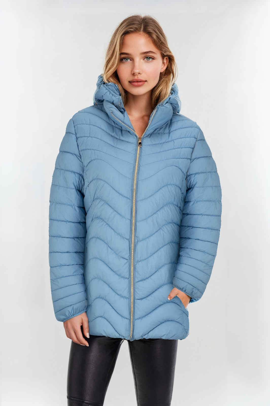 Women's Padded Jacket with Faux Fur Lining – Light Blue, Warm & Stylish