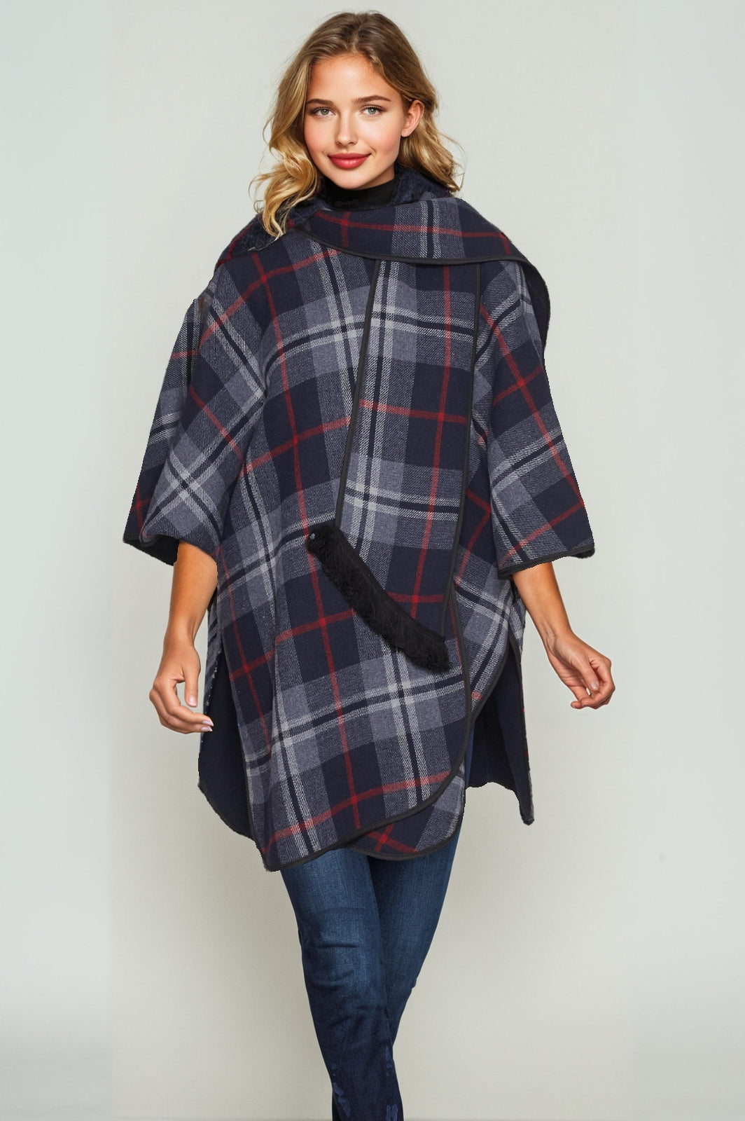 Women’s Plaid Reversible Long-Line Cape - Navy