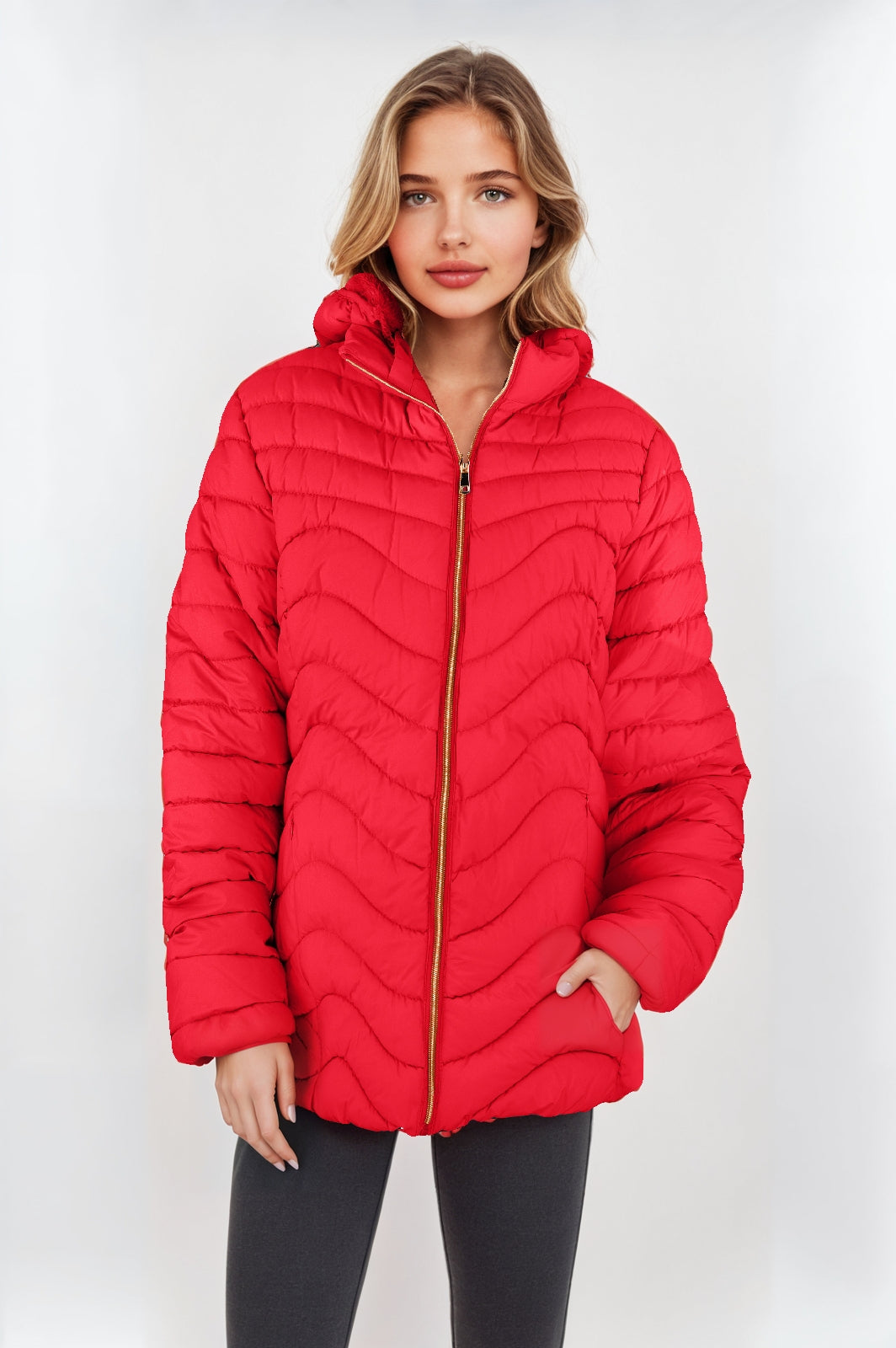 Women's Padded Jacket with Faux Fur Lining – Red, Warm & Stylish
