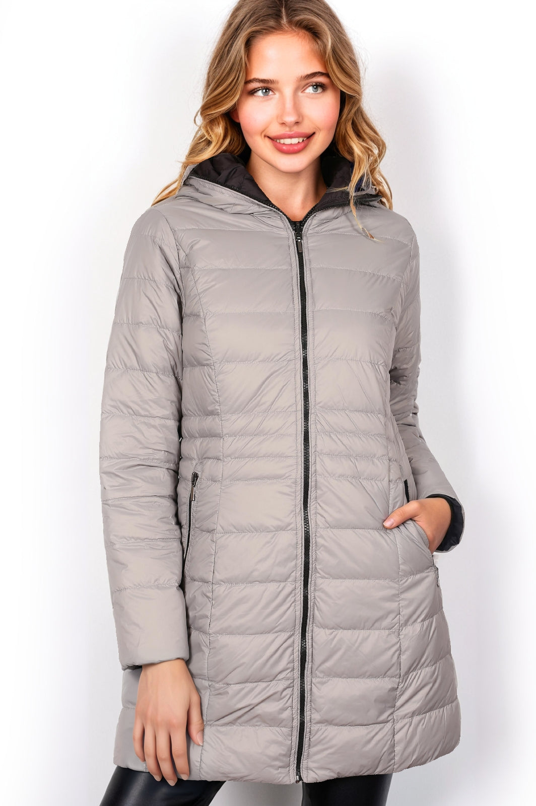 Women's Reversible 3/4 Length Down Jacket – Silver & Black