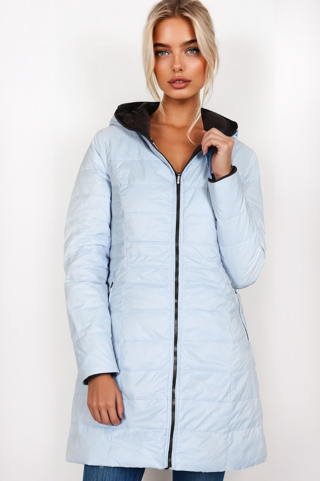 Women's Reversible 3/4 Length Down Jacket – Sky Blue & Black