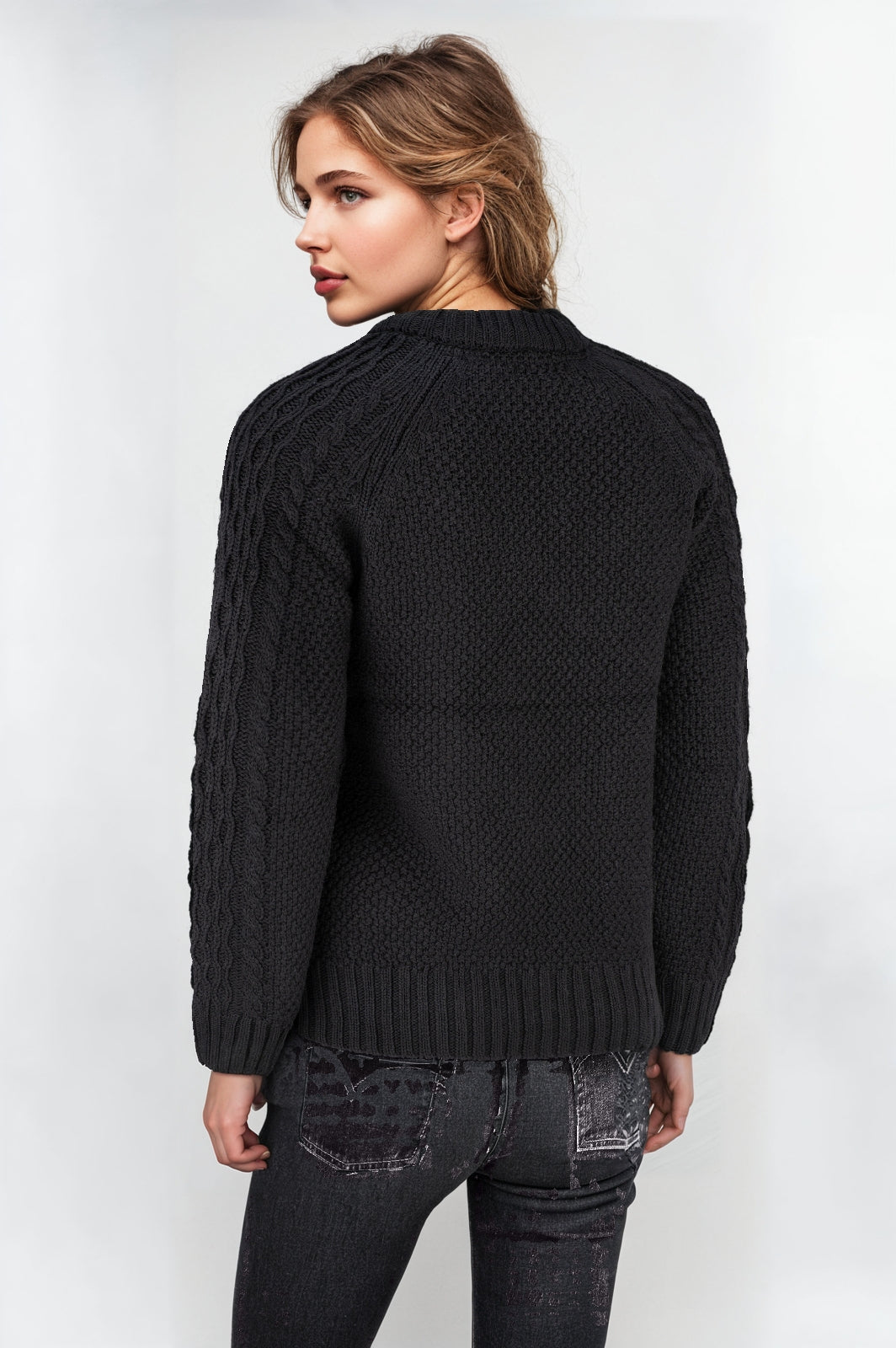 Women's Black Crew Neck Raglan Sleeve Jumper