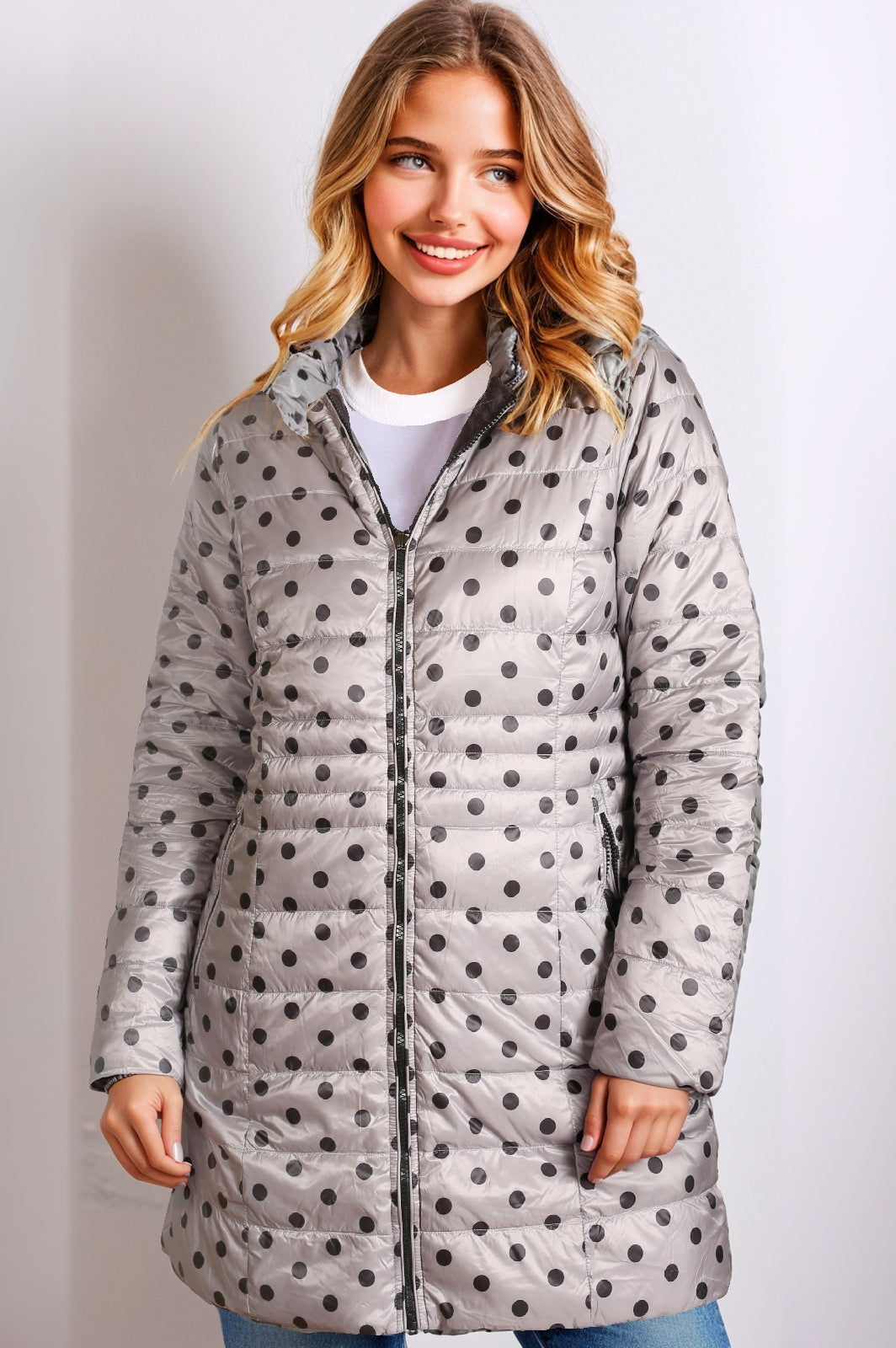 Women's Reversible 3/4 Length Down Jacket – Black Polka Dots