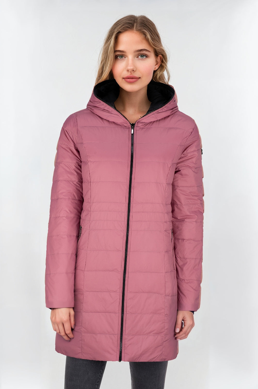 Women's Reversible 3/4 Length Down Jacket – Rose & Black