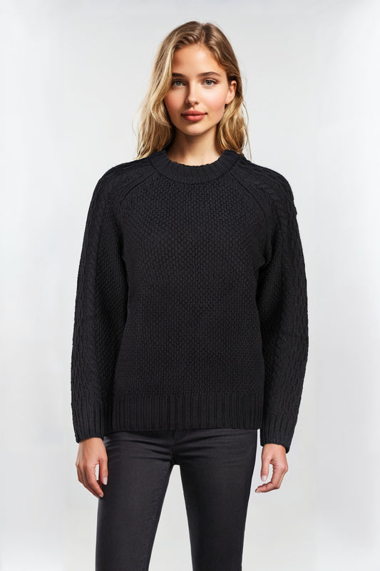 Women's Black Crew Neck Raglan Sleeve Jumper