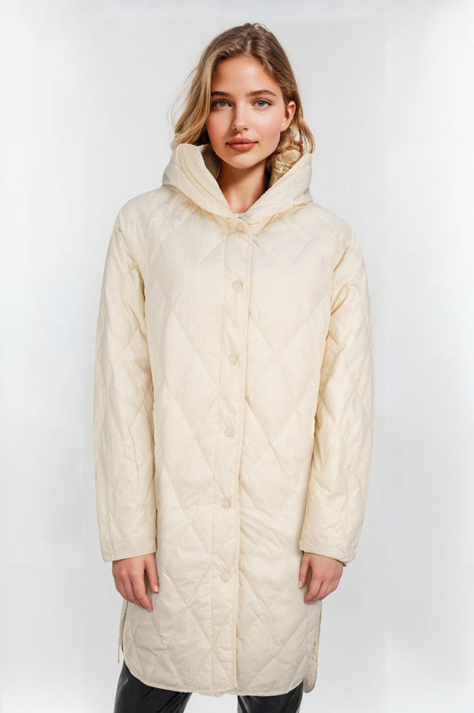 Women's Cream Longline Quilted Down Coat – Diamond Stitch Design