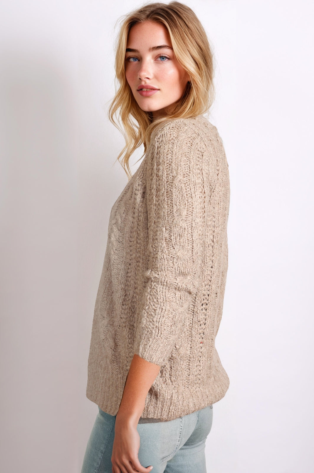 Women's Camel Cable Knit Open Front Cardigan – Cozy and Stylish Knit Sweater
