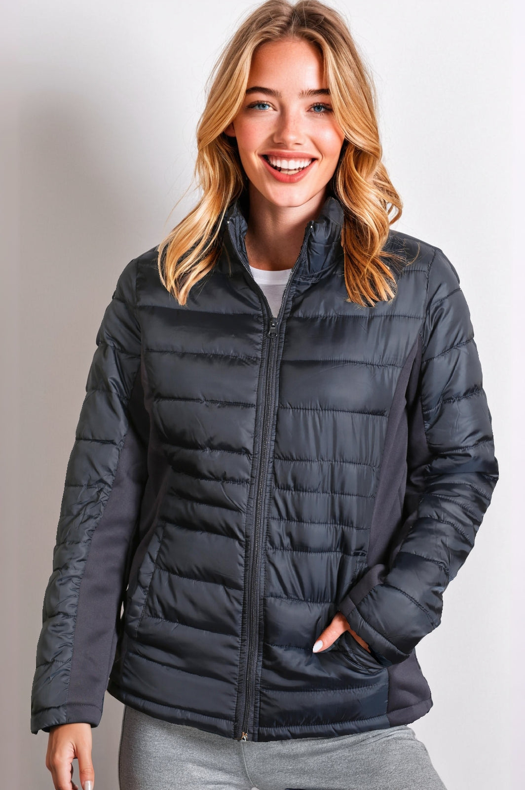 Women’s Full Zip Puffer Jacket with Ribbings - Navy