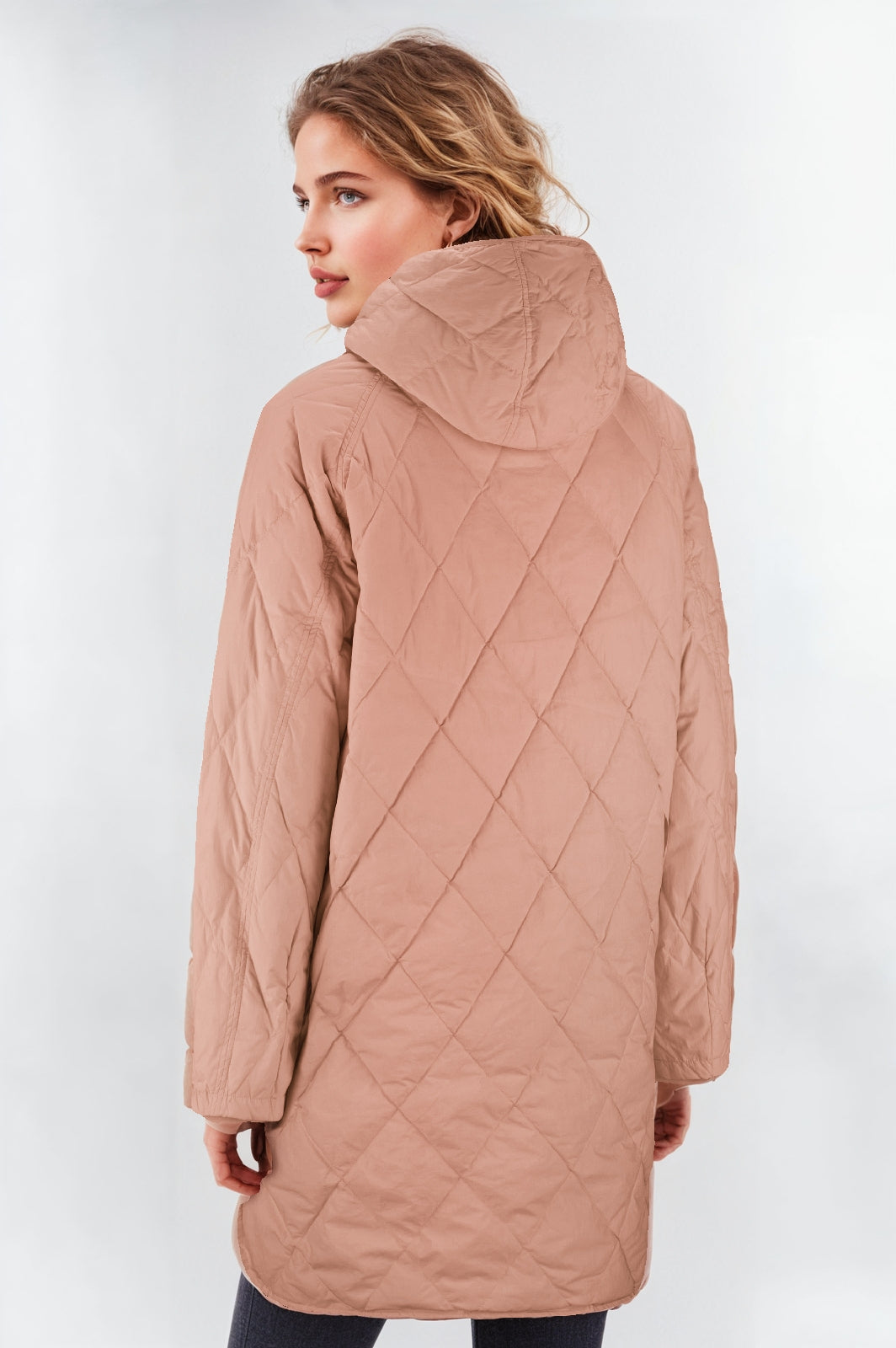 Women's Pink Longline Quilted Down Coat – Diamond Stitch Design
