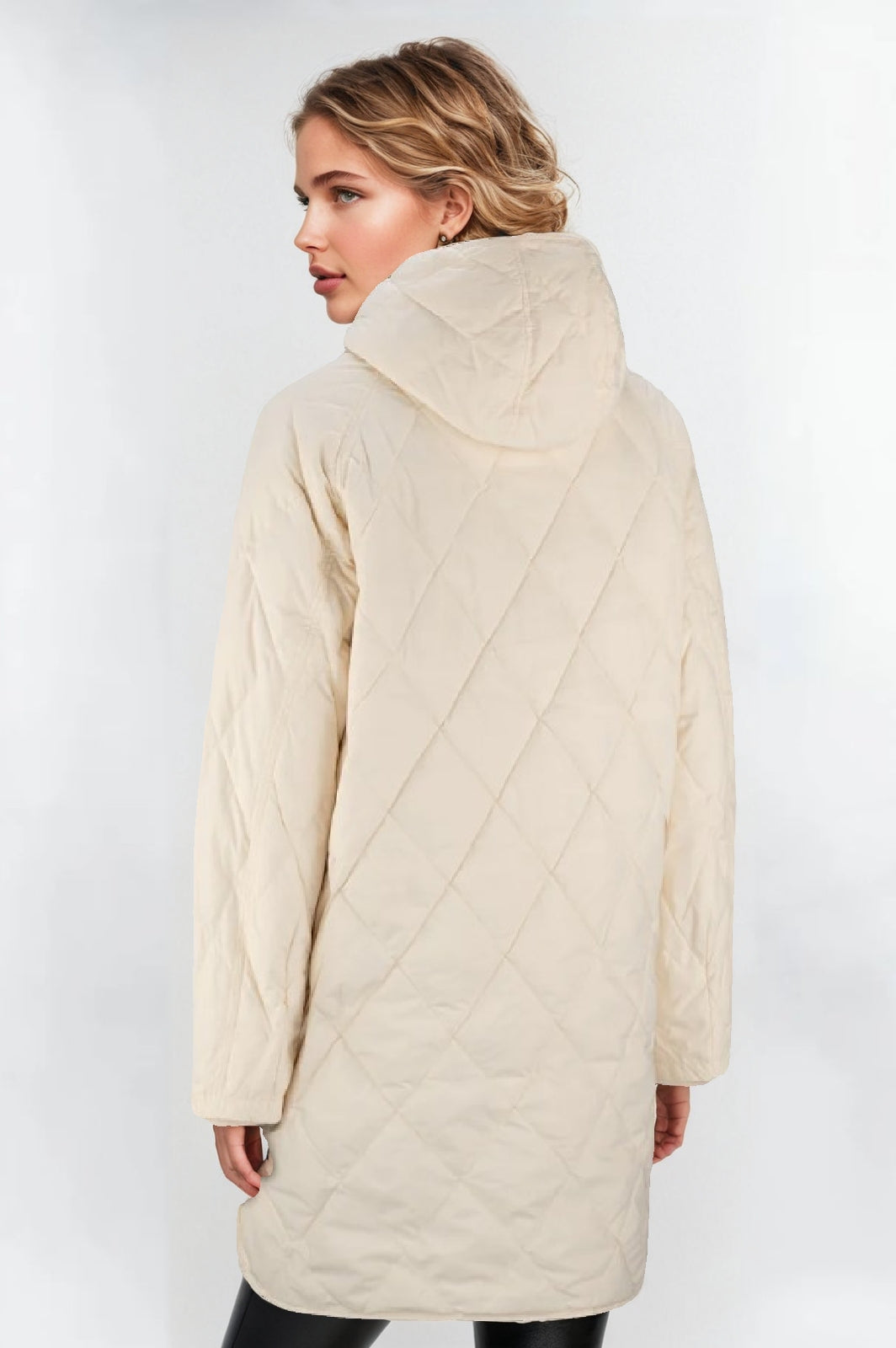 Women's Cream Longline Quilted Down Coat – Diamond Stitch Design