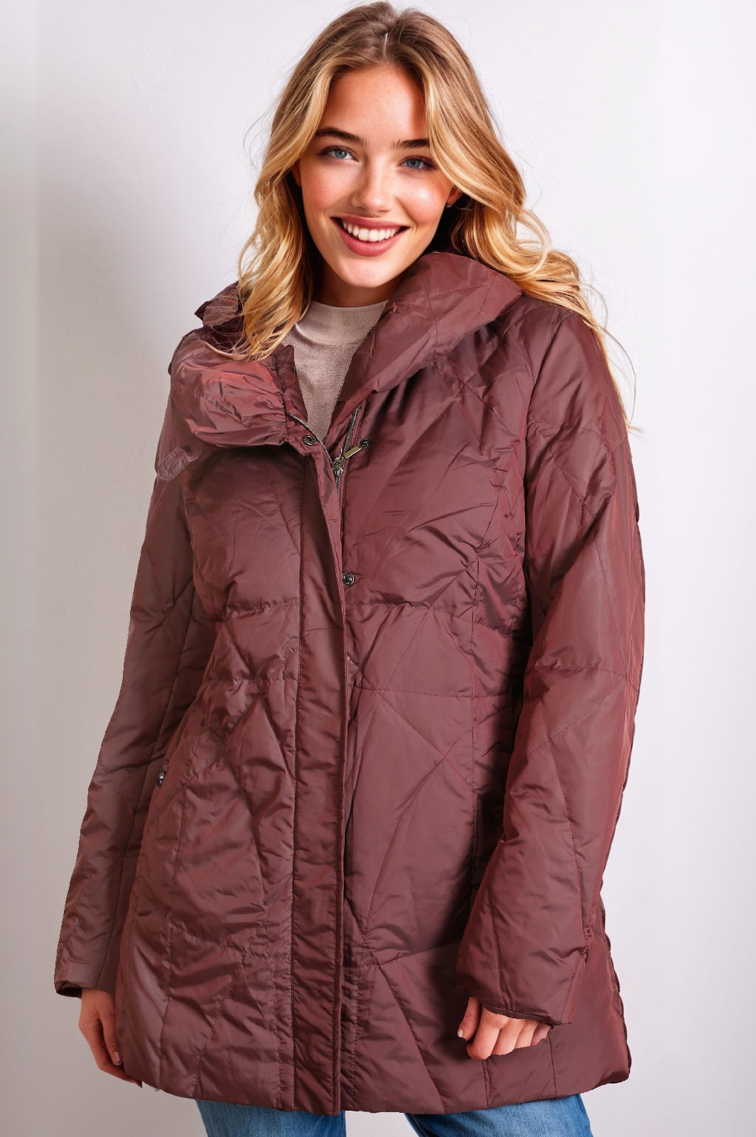 Women’s Shawl Collared Down Puffer Jacket - Wine