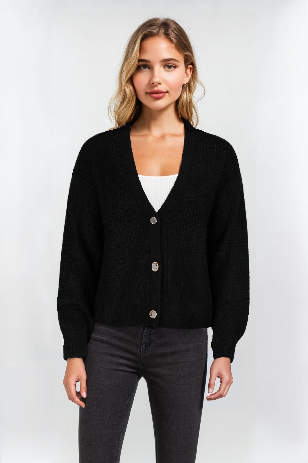 Women's Black Short Cardigan – 3-Button Classic Layer