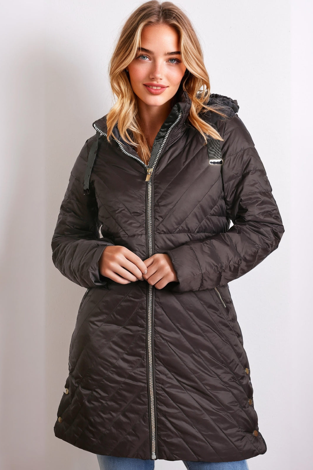 Women’s Detailed Quilted Long Down Hooded Jacket - Black