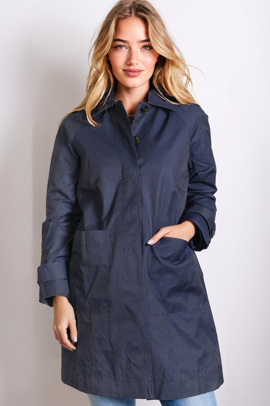 Women’s Navy Check Lined Hooded Rain Jacket
