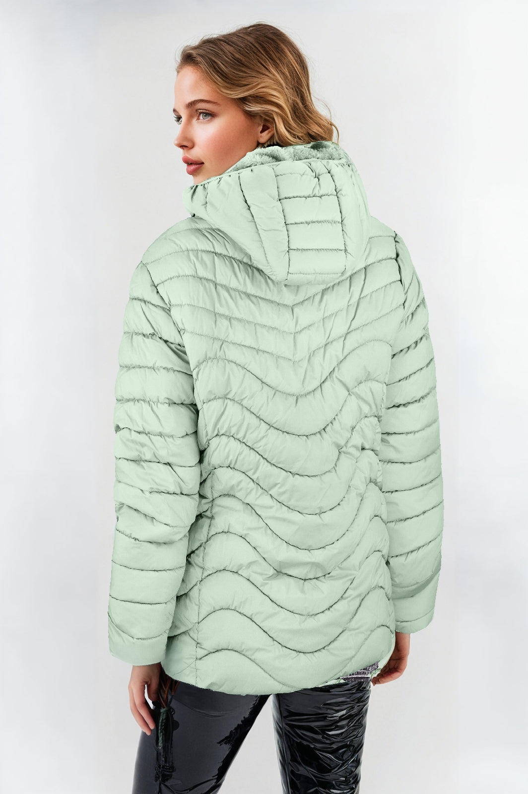 Women's Padded Jacket with Faux Fur Lining – Light Green, Warm & Stylish