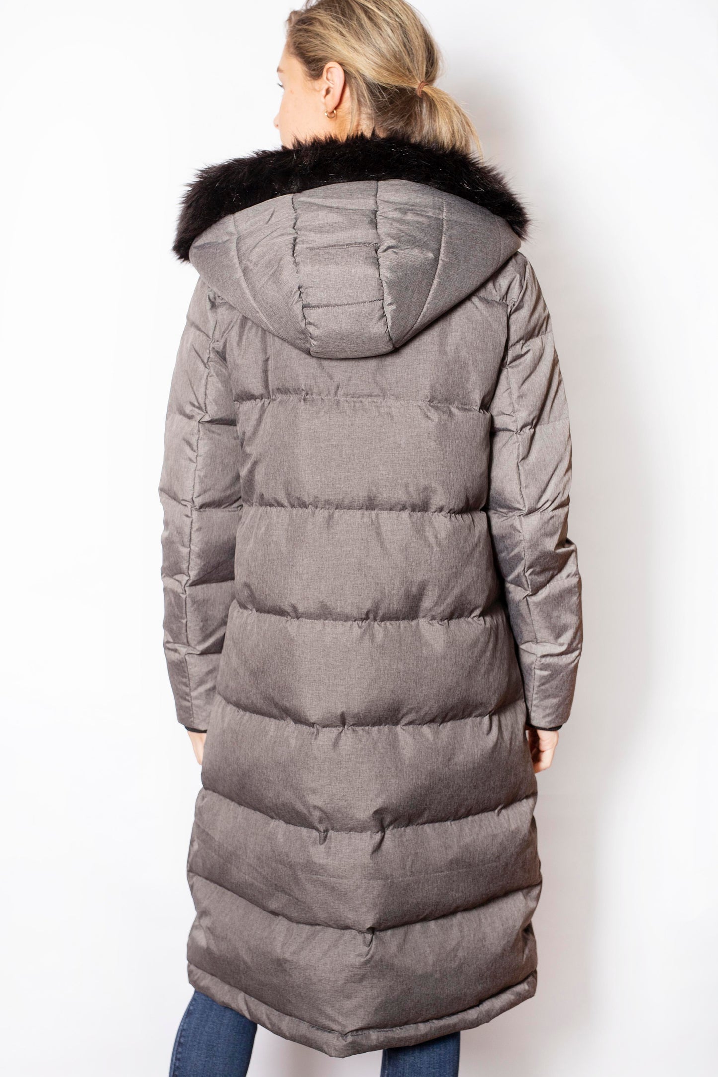 Women's Longline Grey Down Jacket with Hood