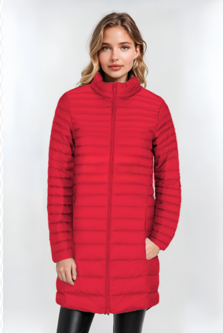 Women's Red Funnel Neck Down Jacket – Cozy & Stylish Winter Outerwear