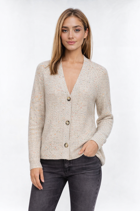 Confetti Knit Button Cardigan – Soft Cream Speckled Sweater