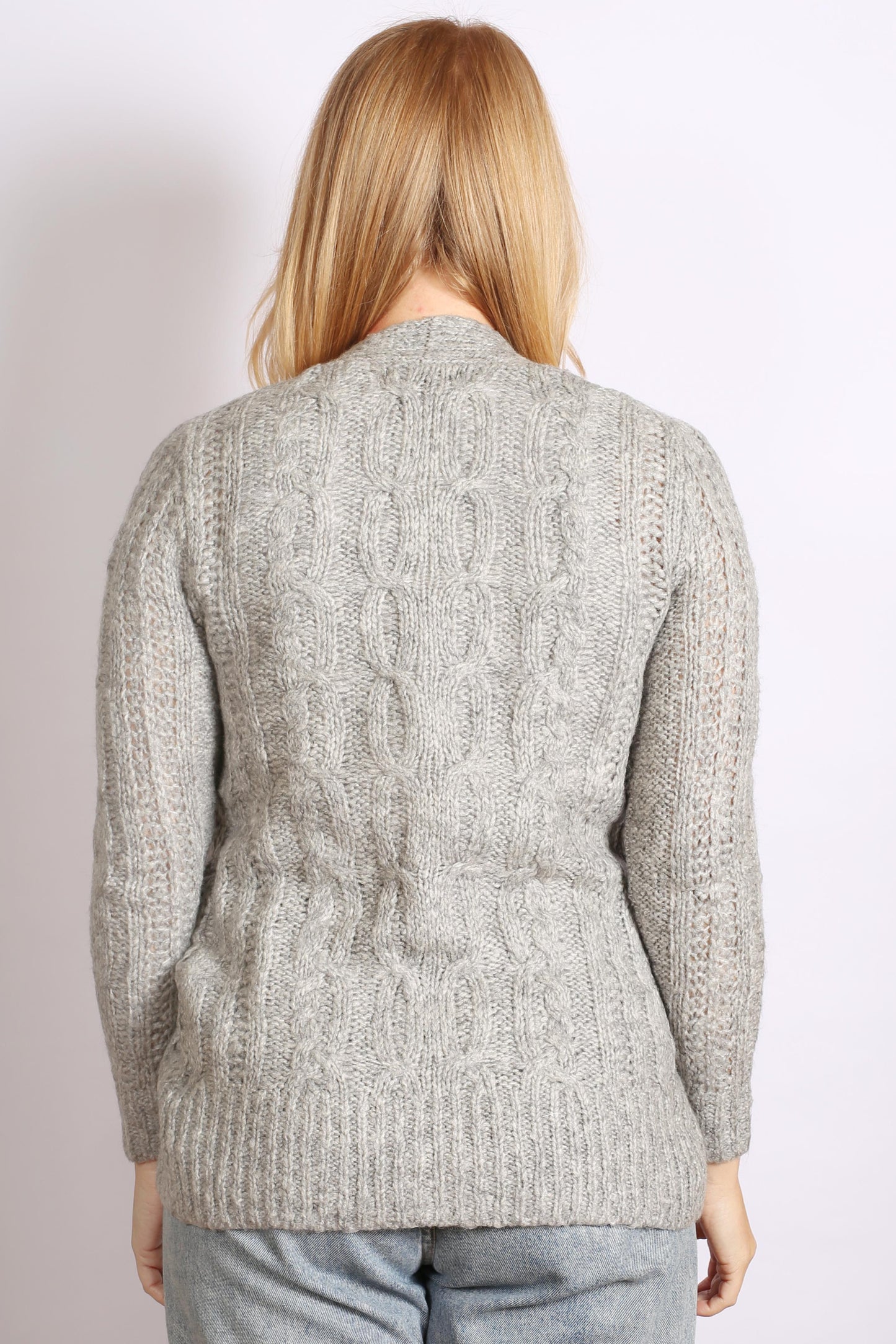 Women's Grey Cable Knit Open Front Cardigan – Cozy and Stylish Knit Sweater