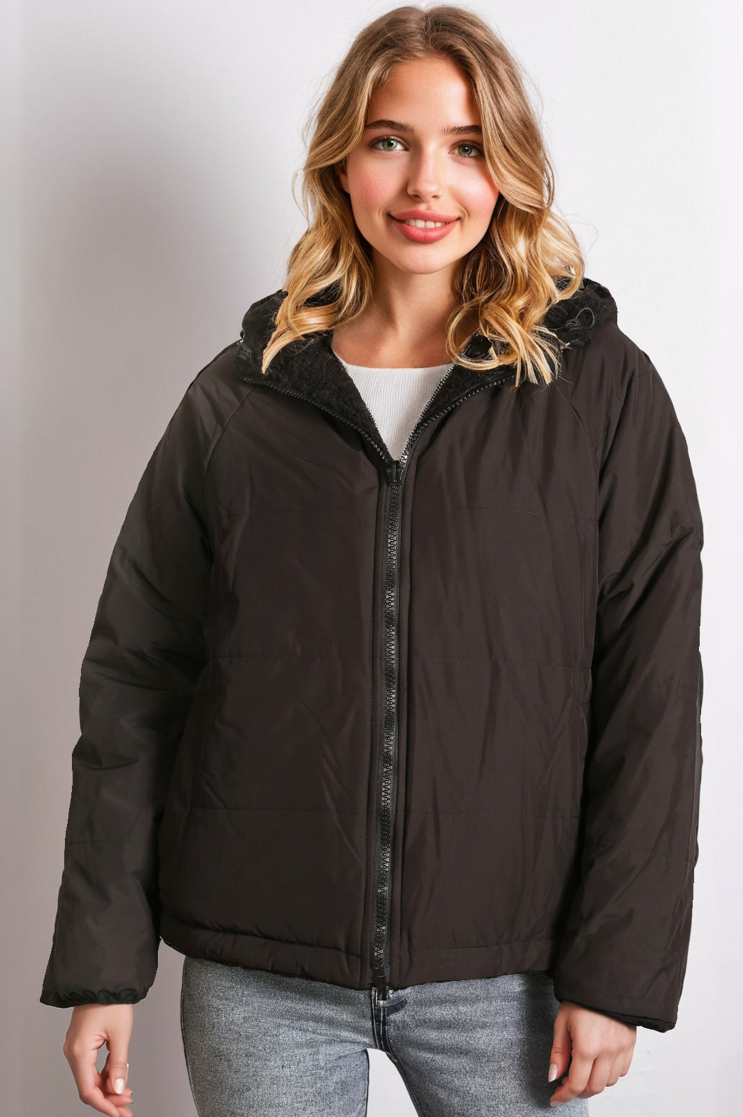 Women’s Reversible Short Teddy Jacket - Black