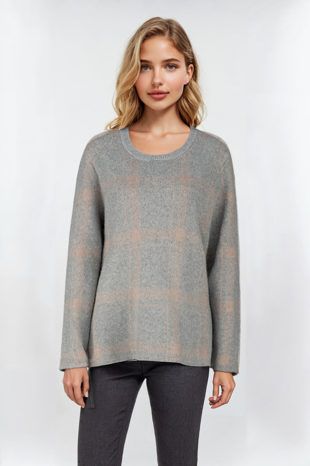 Women's Grey Check Design Crew Neck Jumper