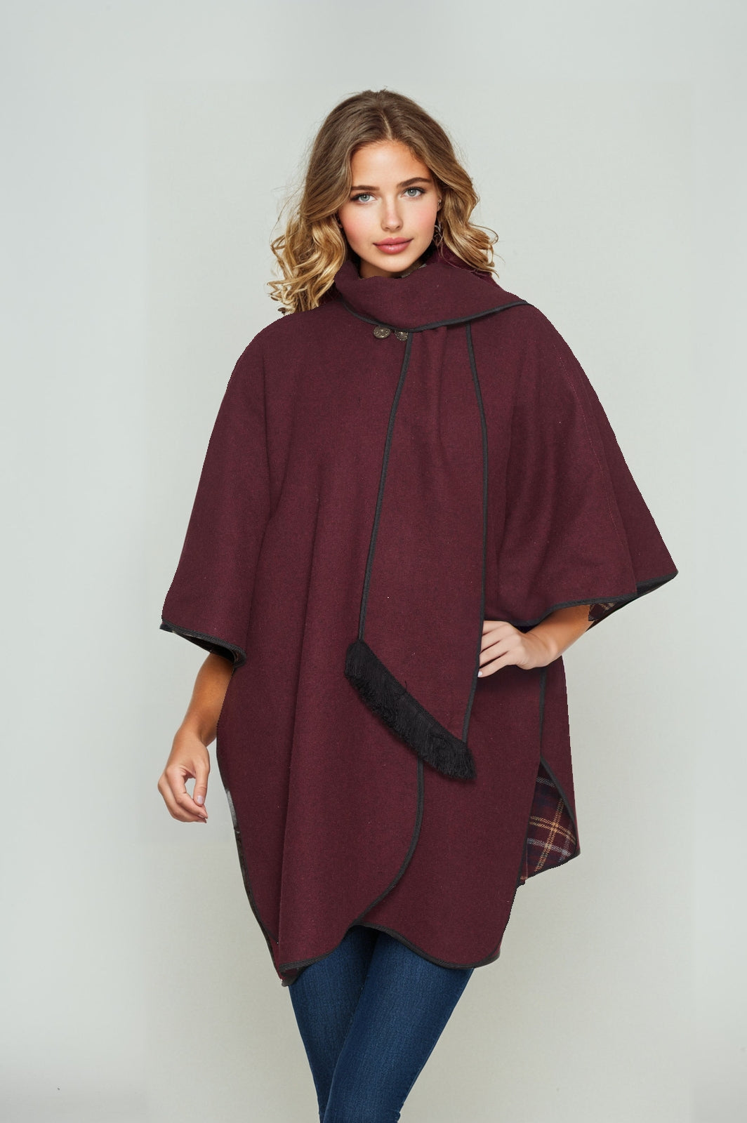 Women’s Plaid Reversible Long-Line Cape - Wine
