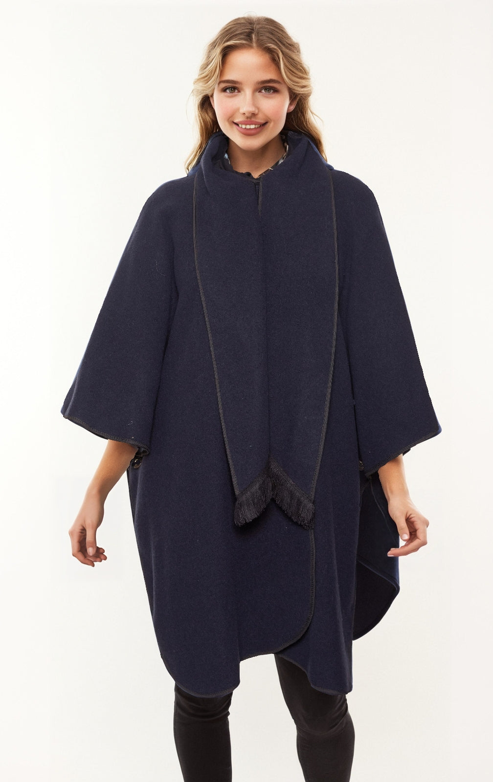 Women’s Plaid Reversible Long-Line Cape - Navy