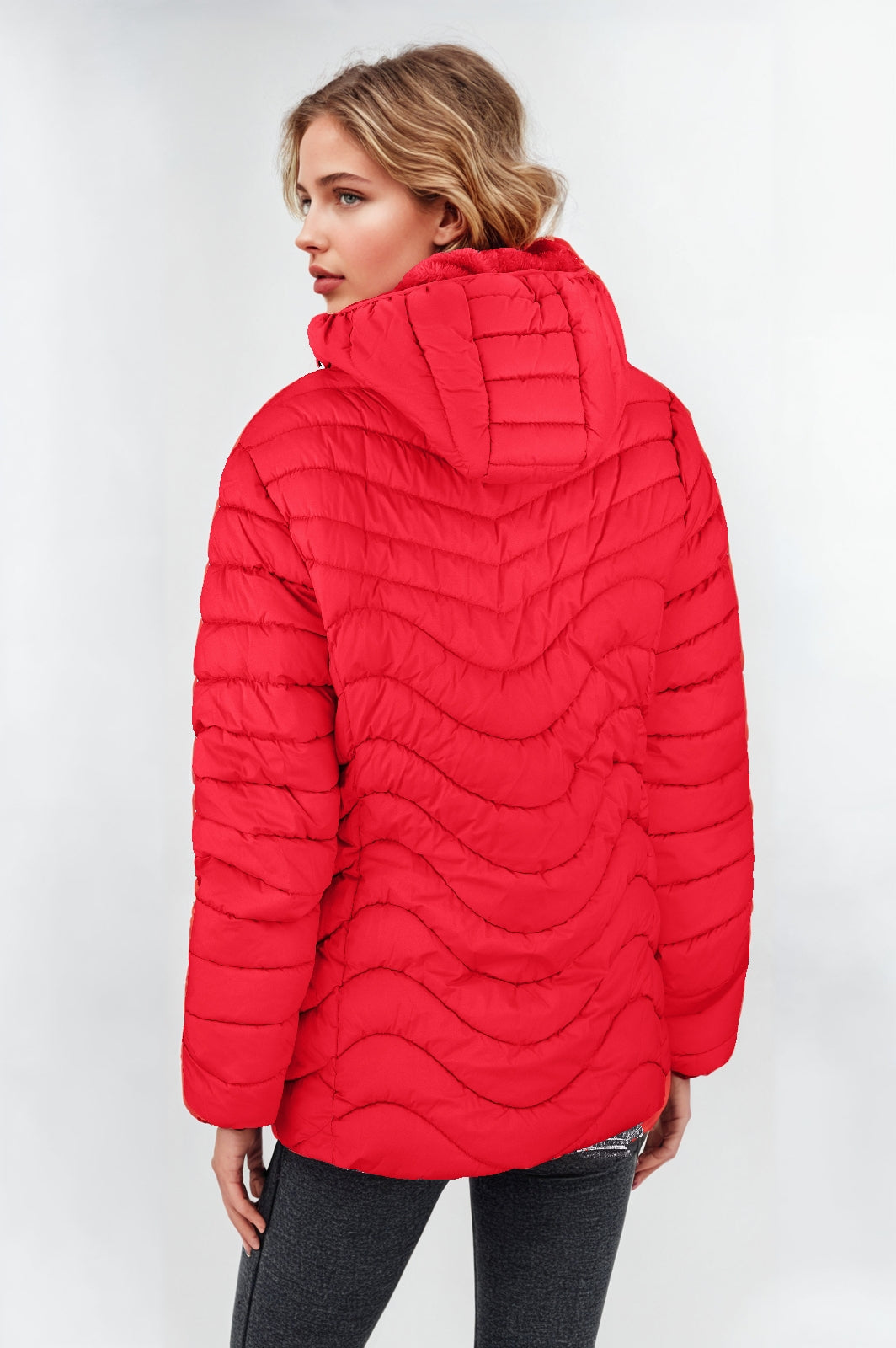 Women's Padded Jacket with Faux Fur Lining – Red, Warm & Stylish
