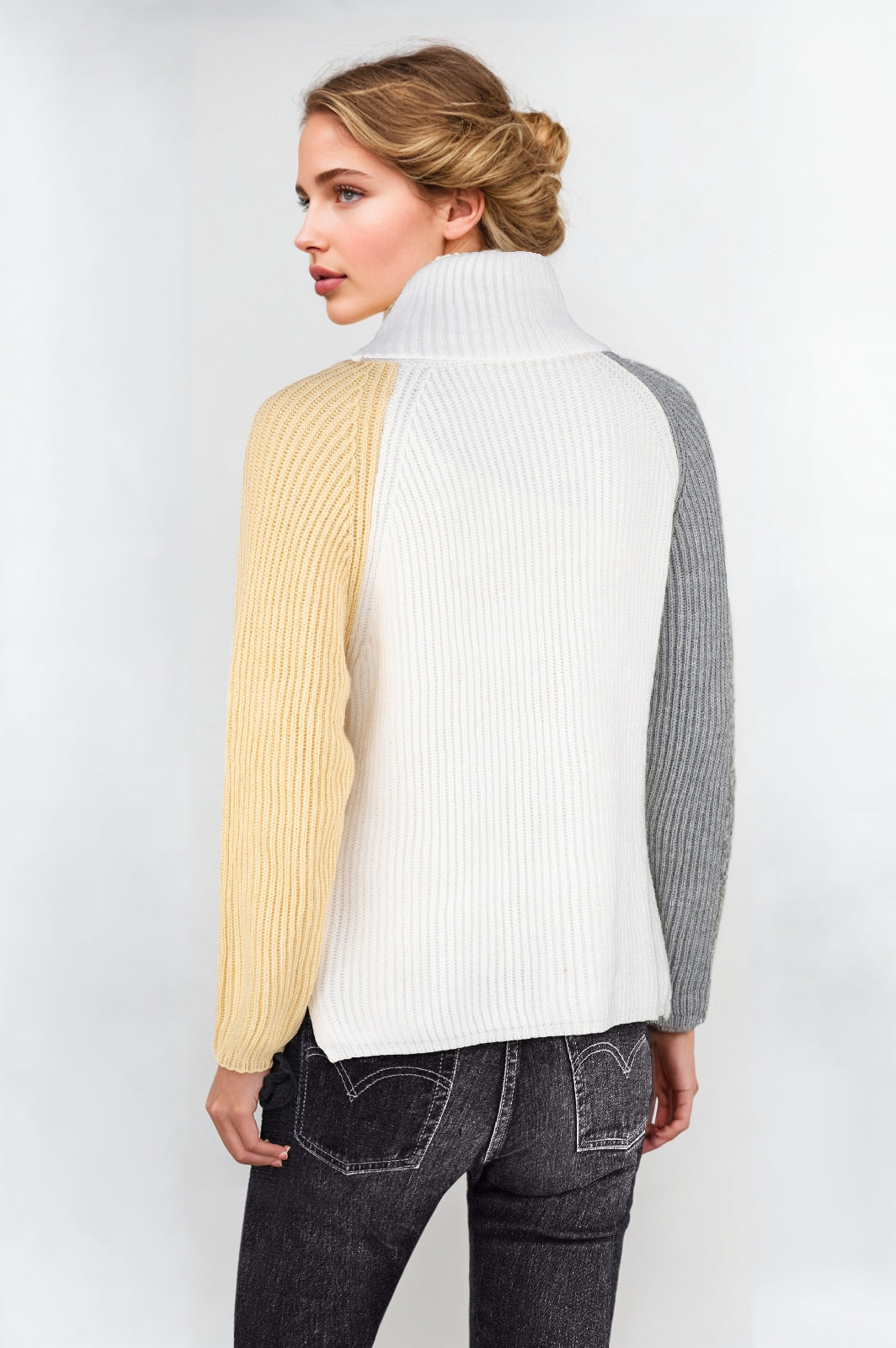 Women's Tricolour Yellow and Gray Sleeves Roll Collar Jumper in Cream