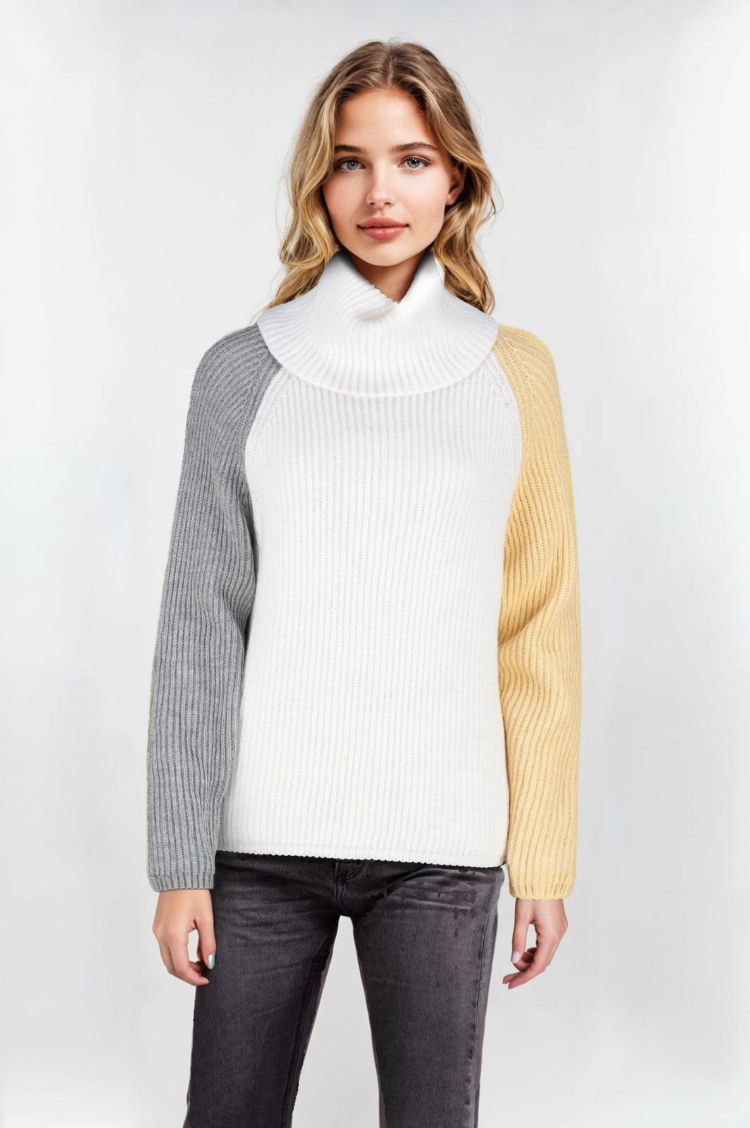 Women's Tricolour Yellow and Gray Sleeves Roll Collar Jumper in Cream