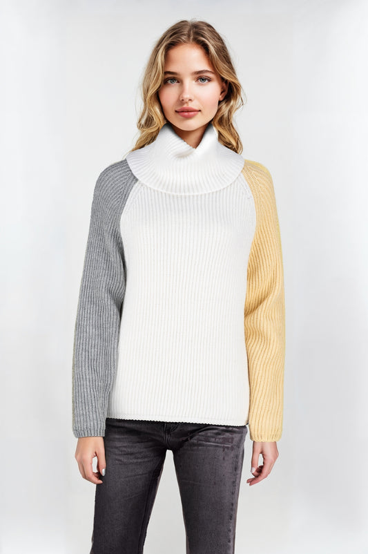 Women's Tricolour Yellow and Gray Sleeves Roll Collar Jumper in Cream