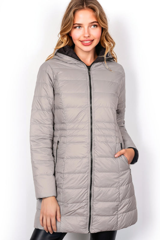 Women's Reversible 3/4 Length Down Jacket – Silver & Black