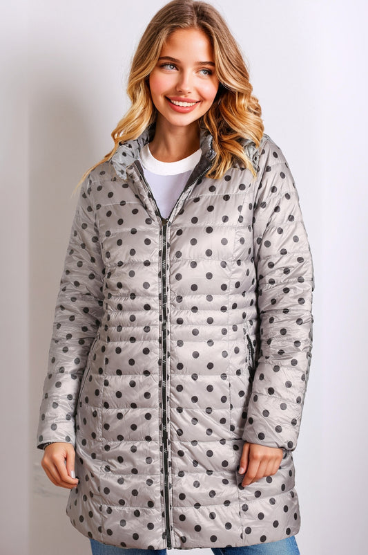 Women's Reversible 3/4 Length Down Jacket – Black Polka Dots