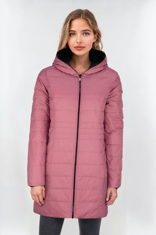 Women's Reversible 3/4 Length Down Jacket – Rose & Black