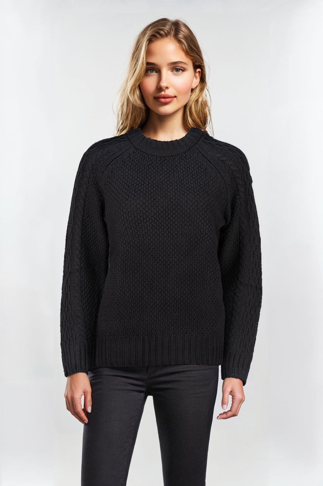 Women's Black Crew Neck Raglan Sleeve Jumper