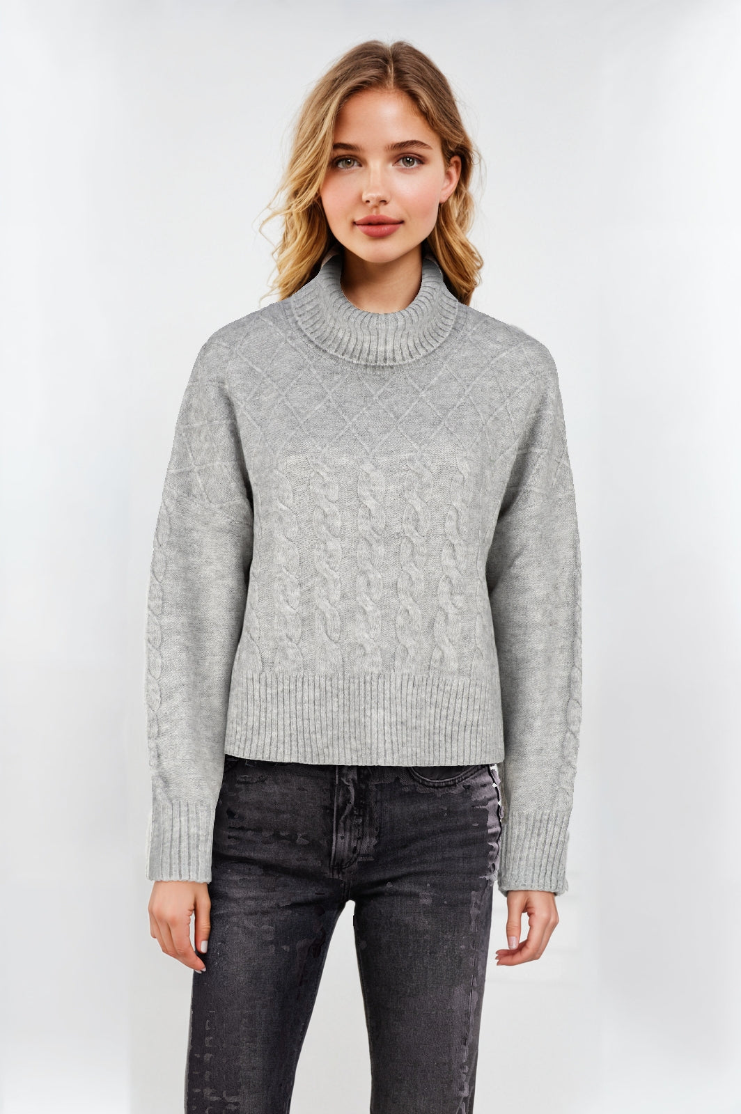 Women's Grey Short Rolled Collar Chic Jumper – Stylish & Comfortable Sweater
