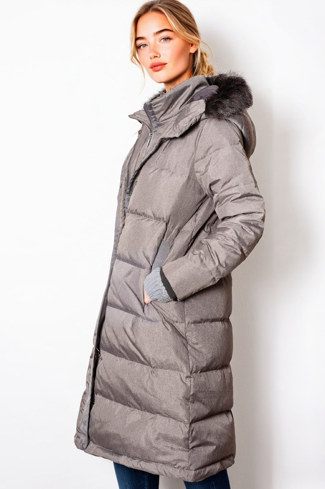 Women's Longline Grey Down Jacket with Hood