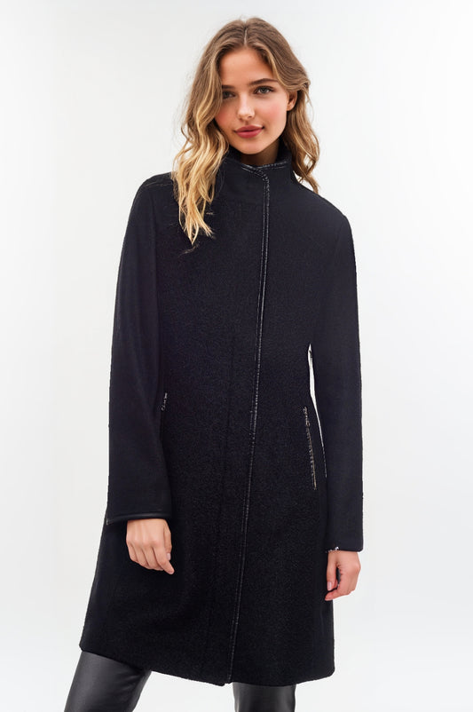 Women's Black Long Coat with PU Trim – Multi-Fabric Elegance