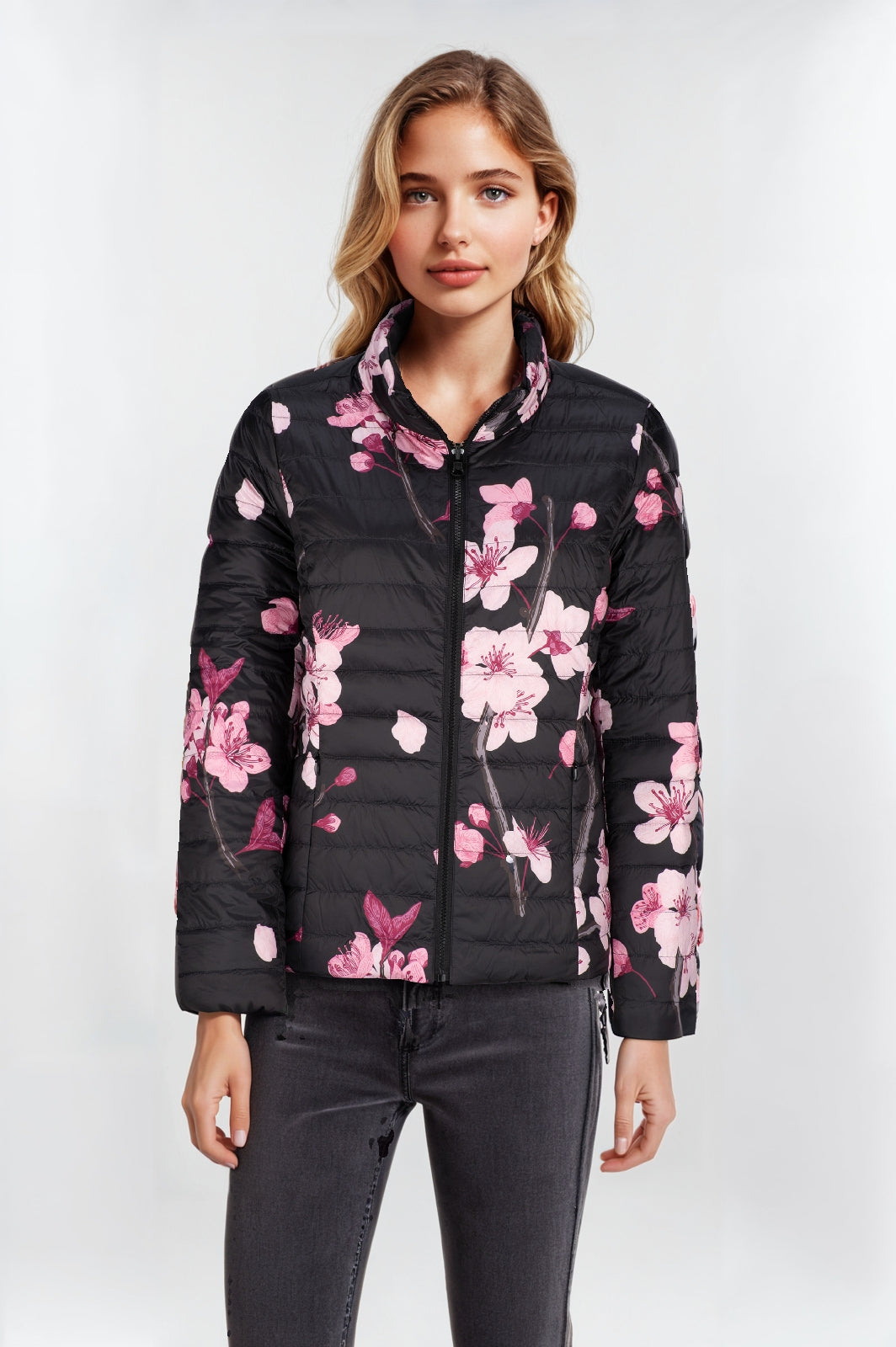 Women's Reversible Short Down Jacket - Floral Print