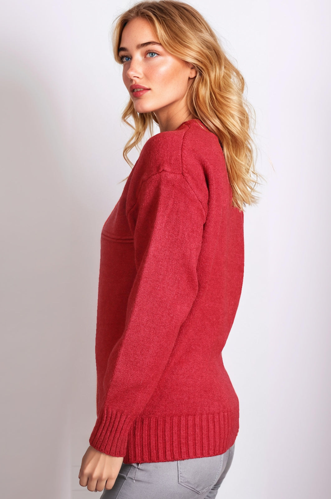 Women's Red Crew Neck Basic Pullover Jumper – Comfortable & Versatile