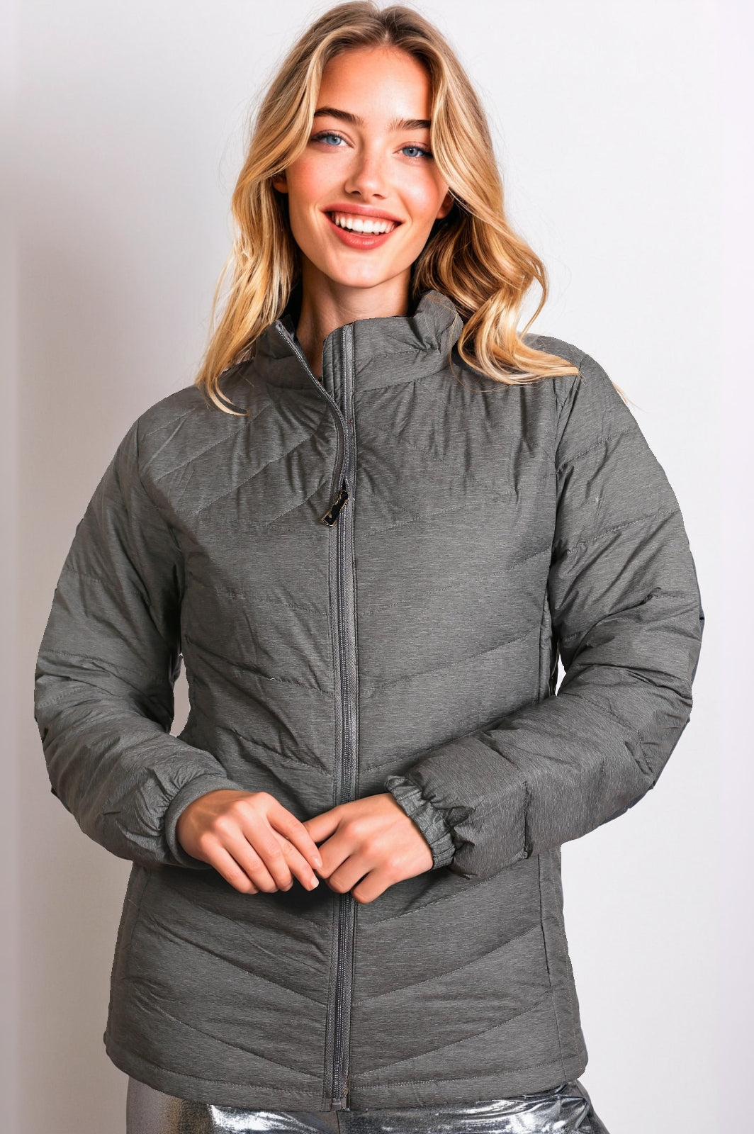 Women’s Short Down Puffer Full Zip Jacket - Charcoal