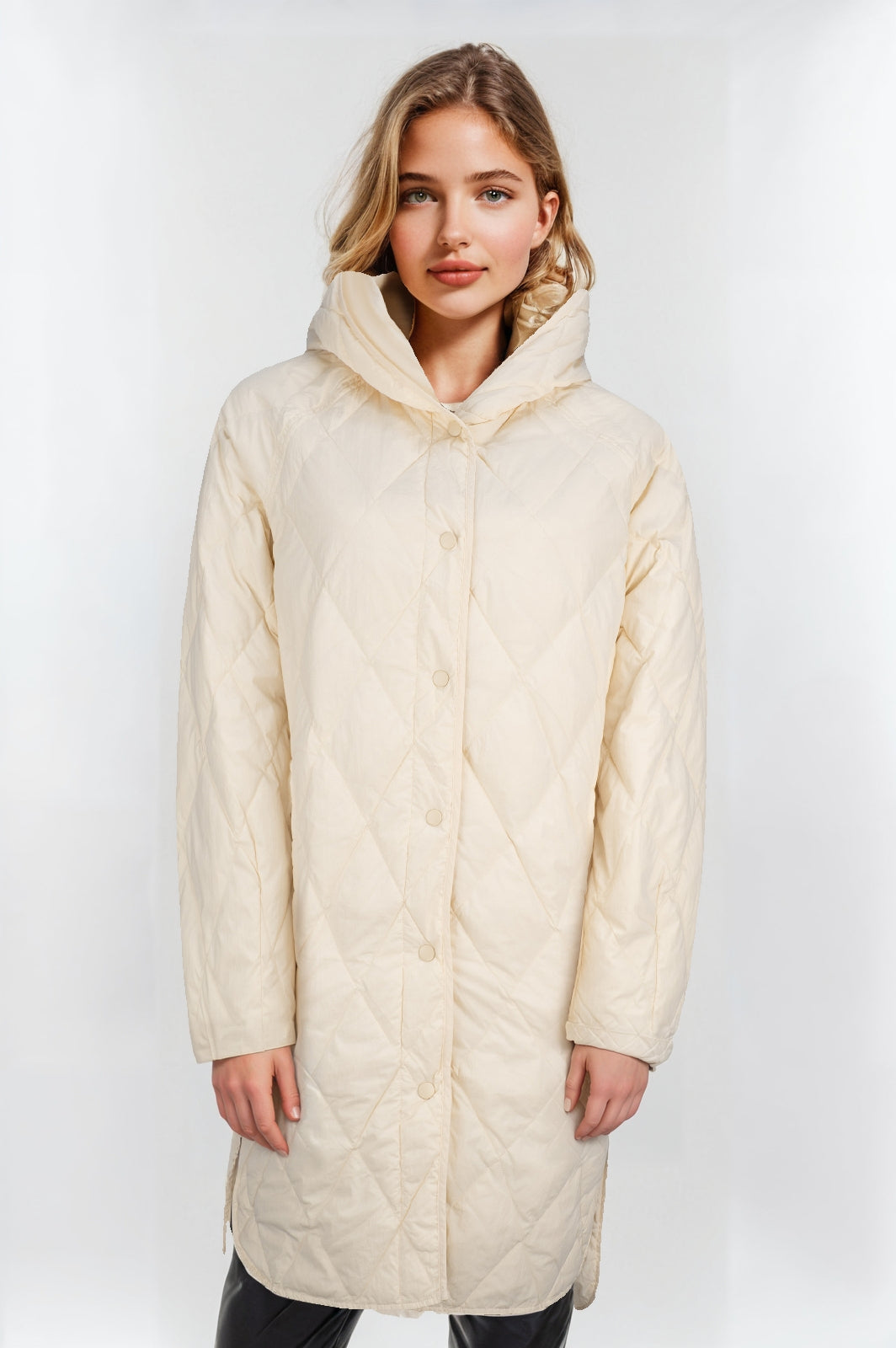 Women's Cream Longline Quilted Down Coat – Diamond Stitch Design