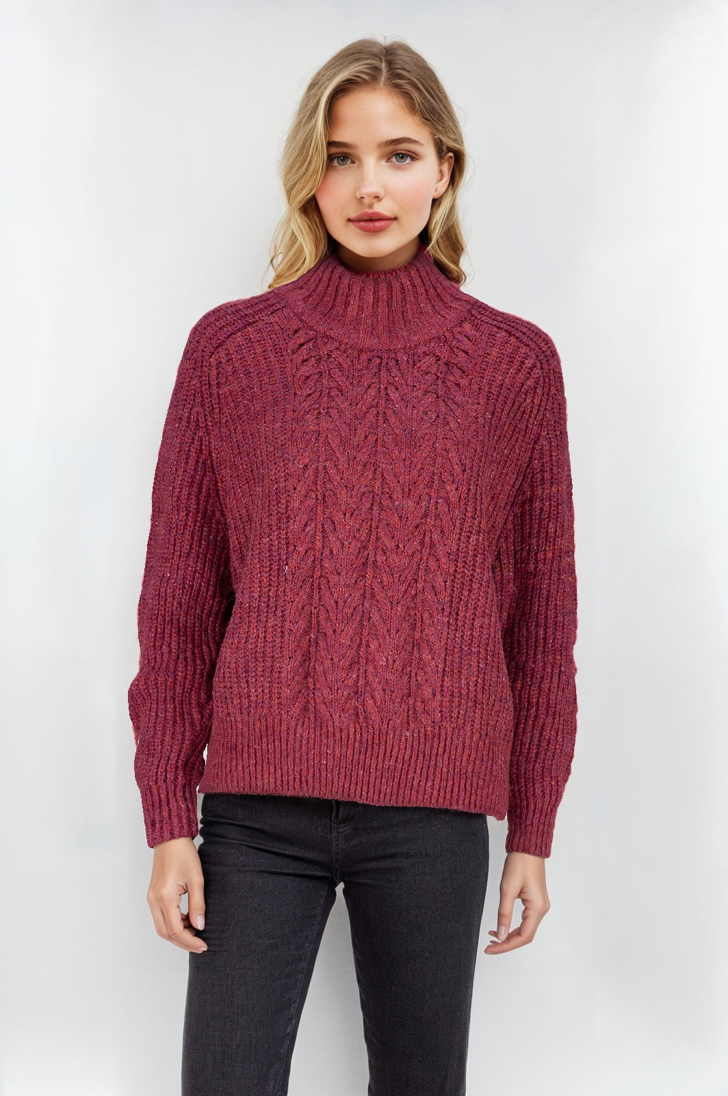 Women's Wine Detailed Collar Cable Knit Jumper