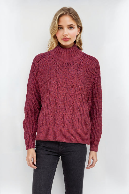 Women's Wine Detailed Collar Cable Knit Jumper