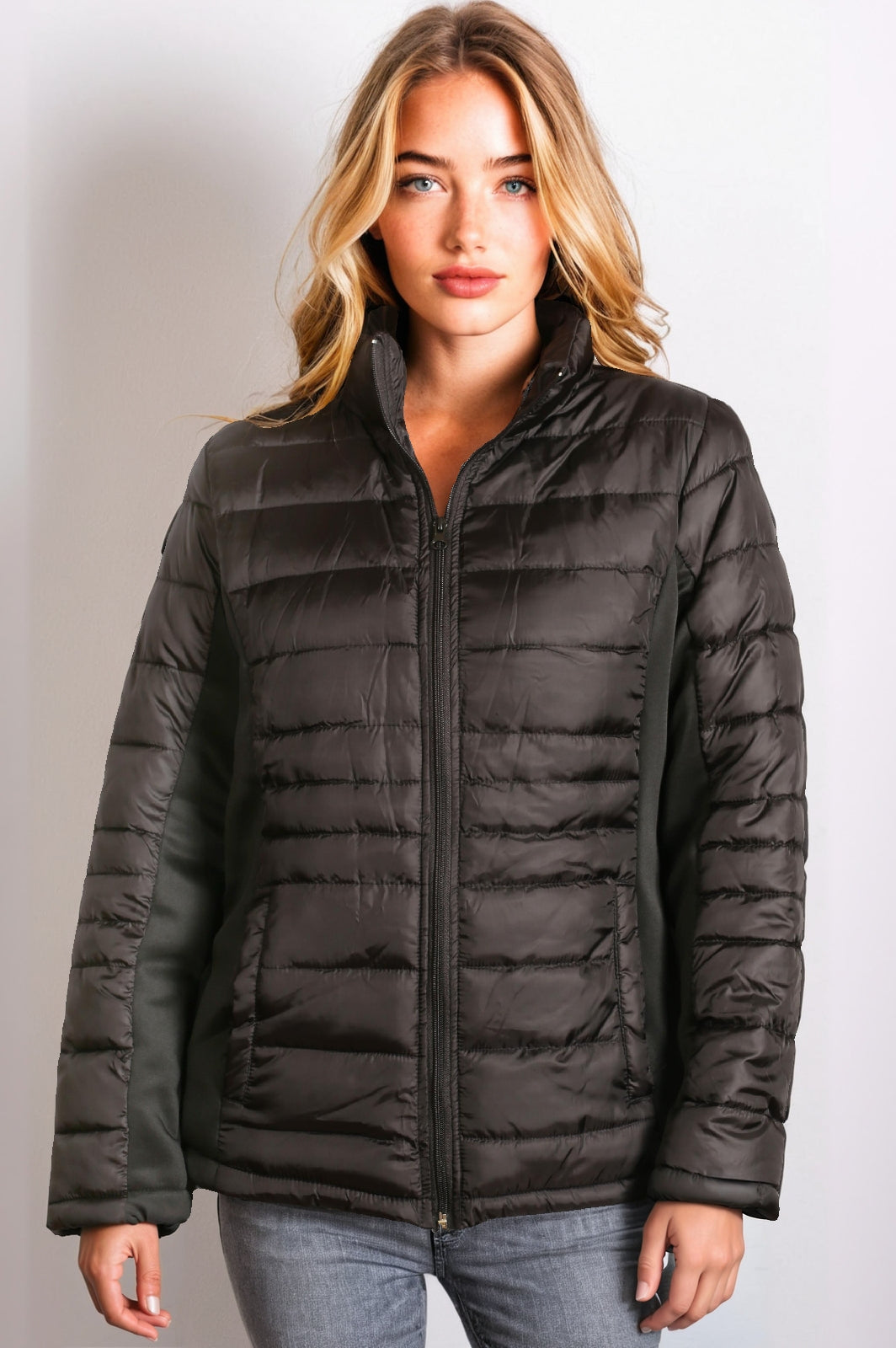Women’s Full Zip Puffer Jacket with Ribbings - Black